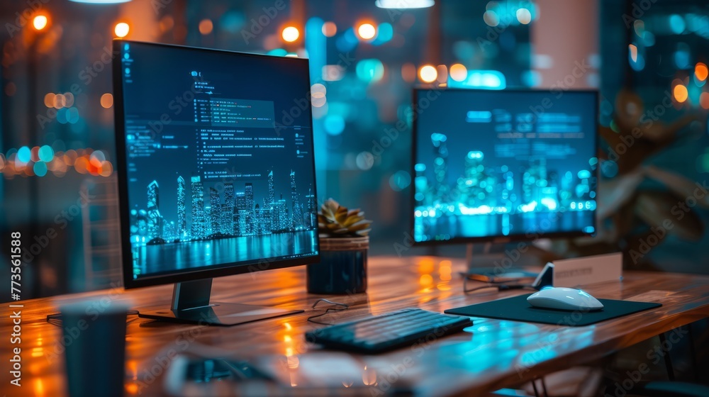 High-tech office setup with dual monitors displaying a document management system interface, pen signing digitally High-tech office setup with dual monitors displaying a document management system interface, pen signing digitally