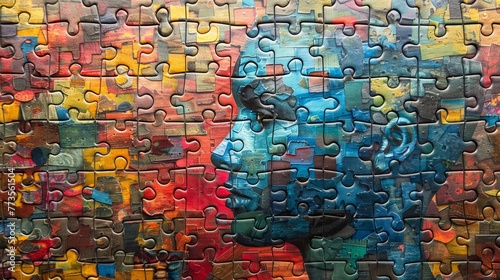 The colorful mind: Multicolored puzzle pieces form a head, showcasing the complexity of human thought