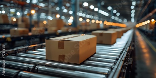 Closeup of cardboard boxes on a conveyor belt in a warehouse showcasing automated . Concept Manufacturing Process, Warehouse Automation, Supply Chain Efficiency, Industrial Technology photo
