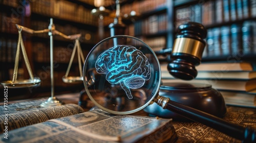 Conceptual photo of a digital AI brain under a magnifying glass, legal tomes and gavel in the background, ethics theme