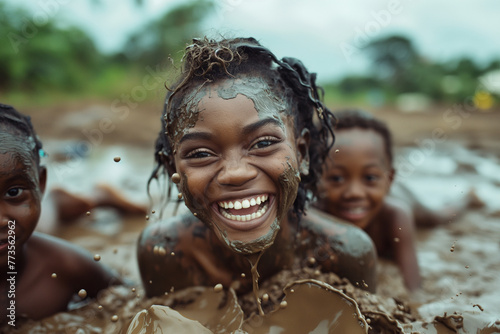 Happy Mother's Day, Children's Day, family fun, mother playing with her children on a rainy day, playing in the mud, in the mud puddle, happy child, smiling woman, mother and children, fun and love