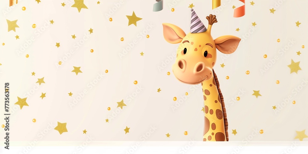 Obraz premium Happy funny birthday cartoon giraffe over blank banner on celebration background, for birthday party, card, invitation, copy space.