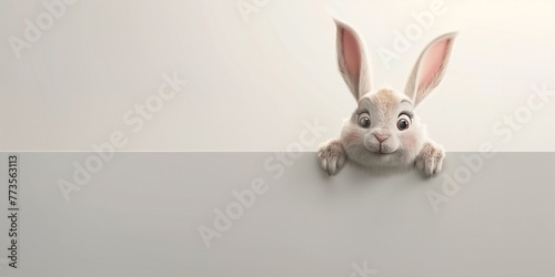 Cute cartoon rabbit bunny looking over a blank signboard. Isolated on white background, funny animal empty banner for Easter, Christmas, Birthday, children's product advertisement. © BackgroundHolic