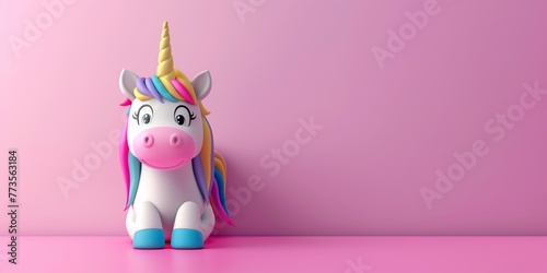 Cute cartoon unicorn looking over blank banner, colorful rainbow colored fantasy unicorn creature over empty frame for text.