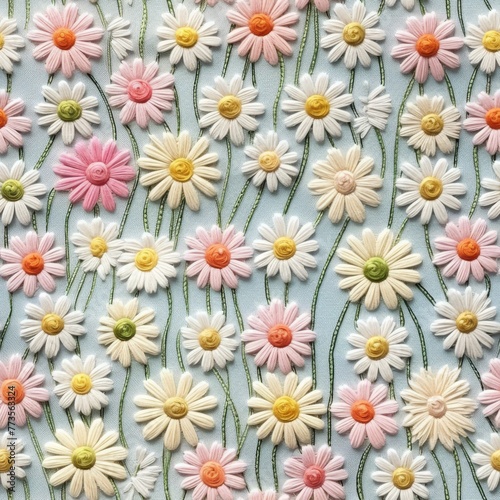 Seamless tiled embroidery detailed stitching flower daisy pattern