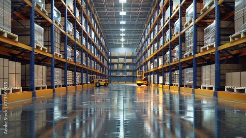 Blank warehouse interior with high full stack of boxes.