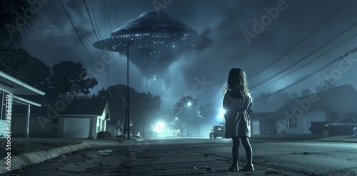 A young girl stands on the edge of a deserted street her back turned to the camera as she gazes in awe at a mysterious extraterrestrial . .