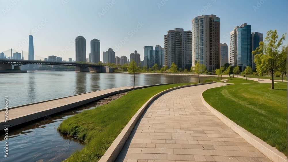 Sunny riverside walkway with cityscape