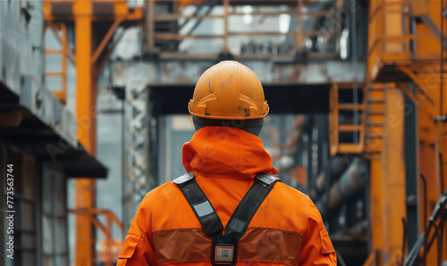 A construction worker in orange equipment back view