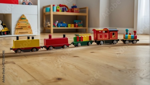 Wooden toy train on floor in children playroom