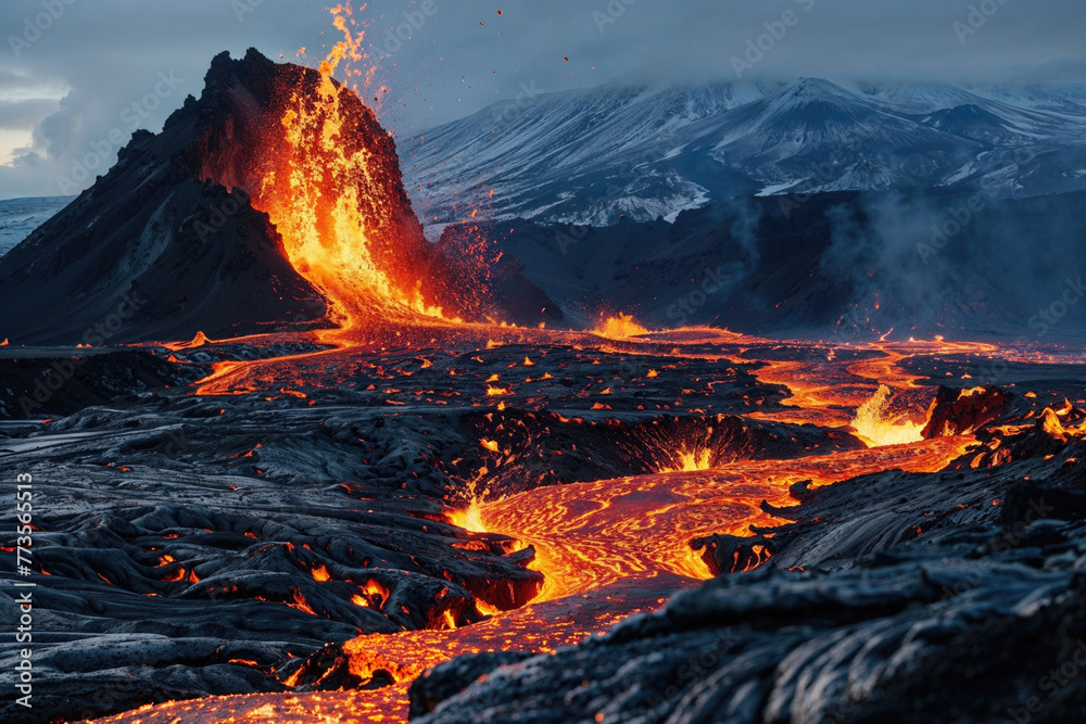 A lava flow is seen in the distance, with a large volcano in the background