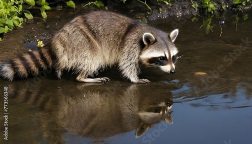 A Raccoon Washing Its Food In A Stream Its Reflec 2