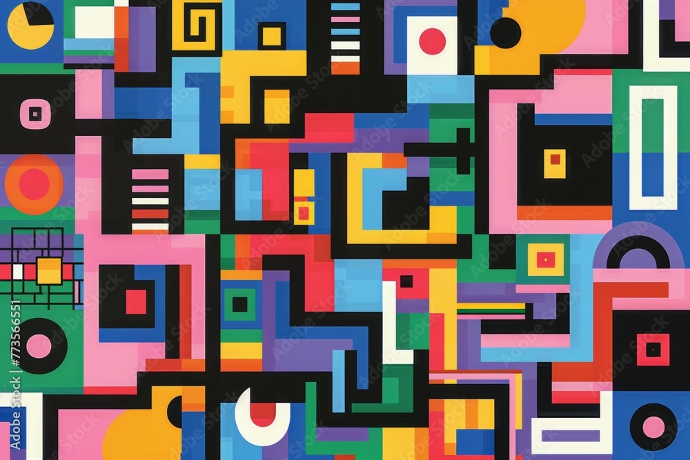 A colorful abstract painting with many shapes and lines. Riso or Risograph style A colorful abstract painting with many shapes and lines. Riso or Risograph style
