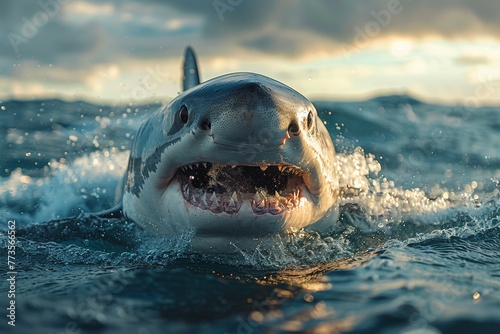 A shark is swimming in the ocean with its mouth open