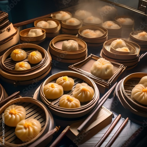 A Chinese dim sum restaurant with carts of steaming dumplings being pushed around the dining room3 photo