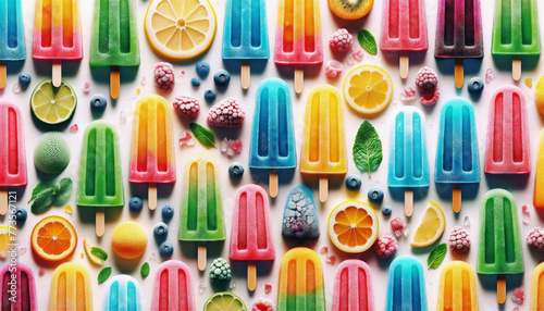 A colorful mosaic of fruit popsicles with fresh berries.