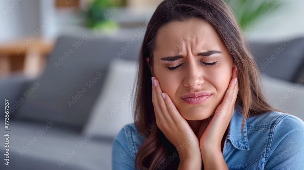 Young Woman Holding Jaw in Pain, Feeling Toothache Discomfort, Health Issues Concept Photo Young Woman Holding Jaw in Pain, Feeling Toothache Discomfort, Health Issues Concept Photo