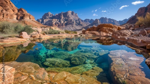 Majestic Mountain Landscape with Crystal Clear Lake and Rocky Terrain Under Blue Sky © pisan