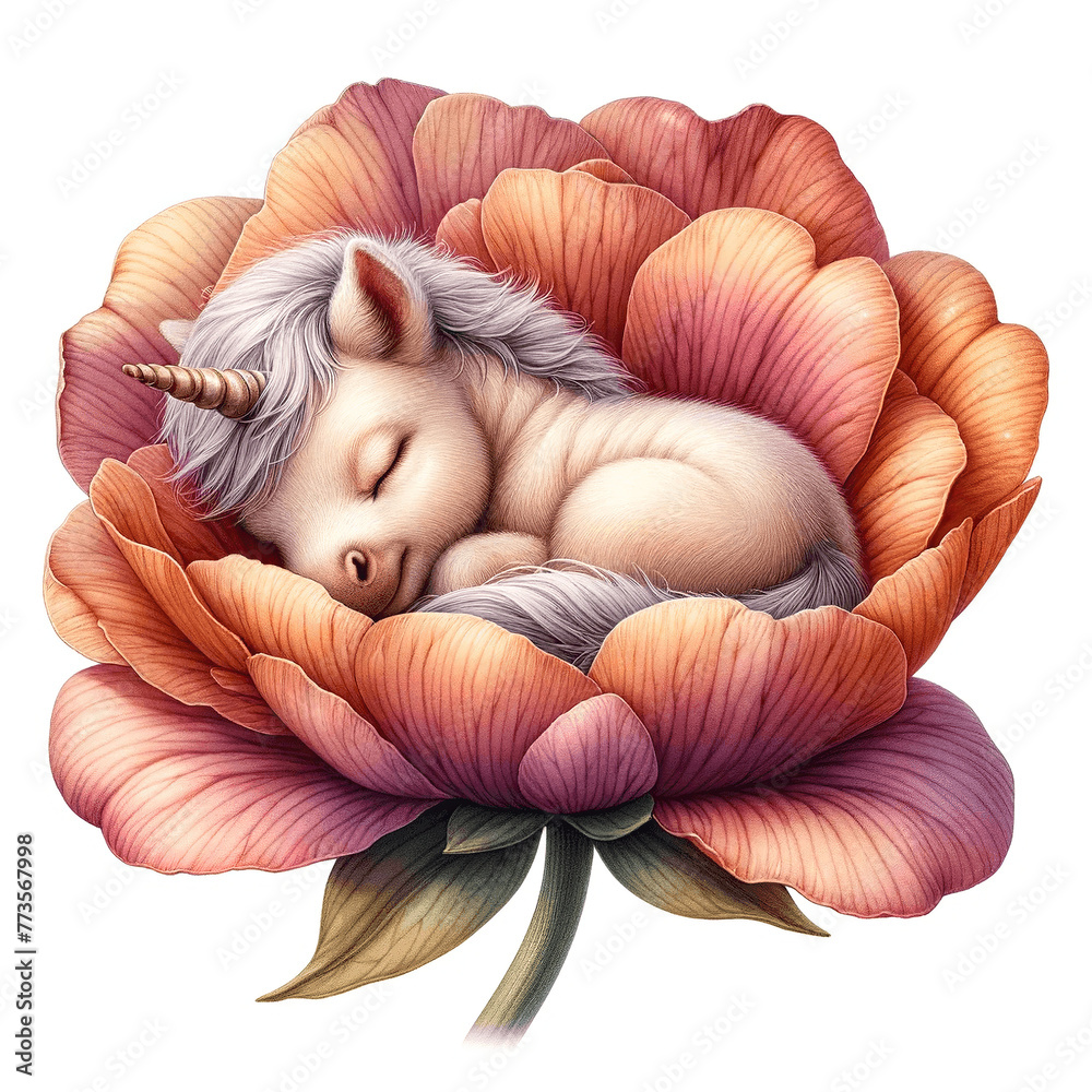 Baby unicorn sleeps nestled in the heart of a big flower. Baby unicorn sleeps nestled in the heart of a big flower.