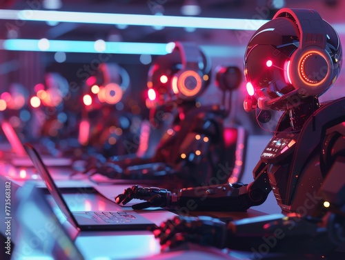 Automated customer service bots in a high-tech call center, providing assistance with glowing interfaces photo