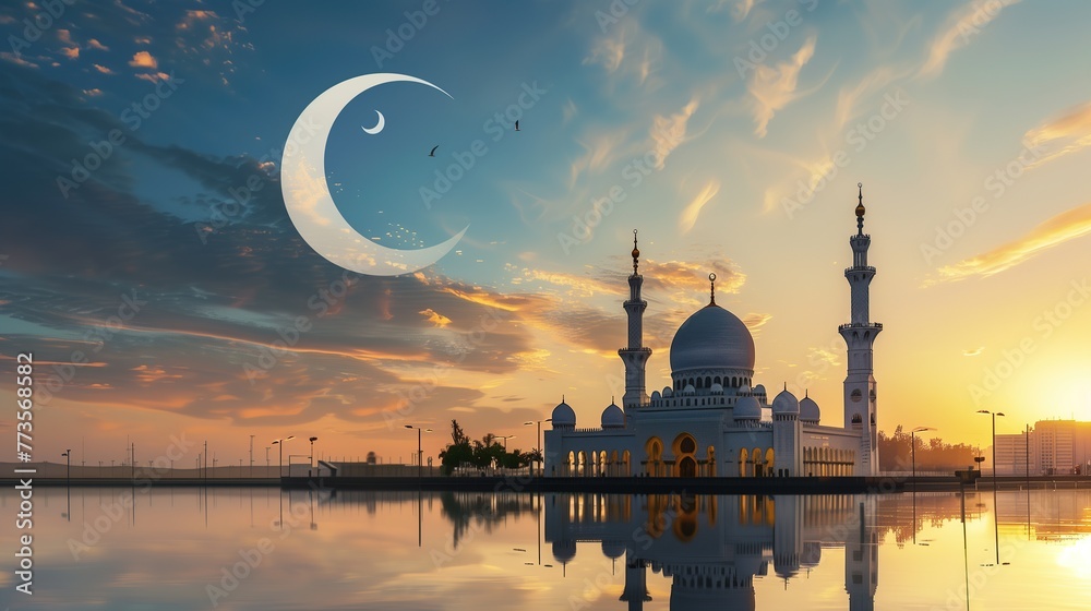Celestial Beauty: Mosque Silhouetted Against Crescent Moon