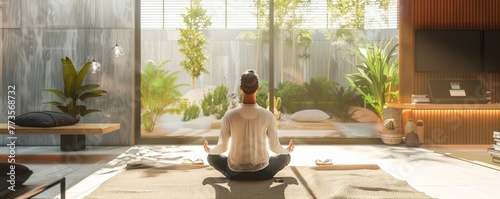 Calm customer service workspace, zen-inspired decor, agent meditating for clarity before assisting clients