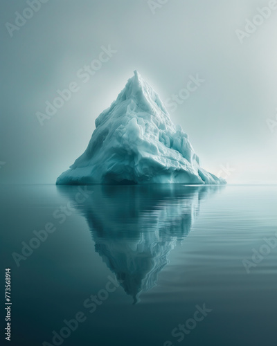 A large ice mountain is reflected in the water. A large piece of iceberg floating in the fogy ocean with empty copy space for text. The image has a serene and peaceful mood.  © Mrt