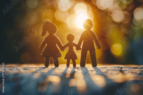 A family of three people, a man and two children, are holding hands photo