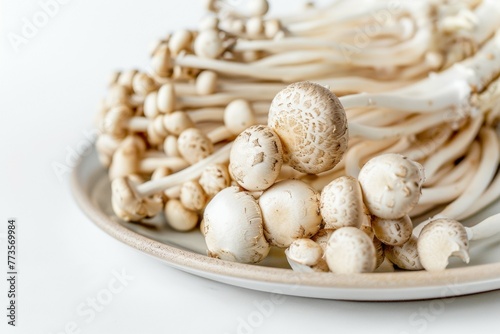 A plate of mushrooms with a white background