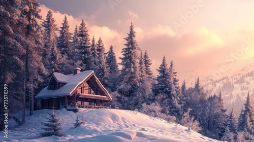 A cozy cabin nestled in a snowy forest with a soft winter sky , winter getaways or holiday escapes photo