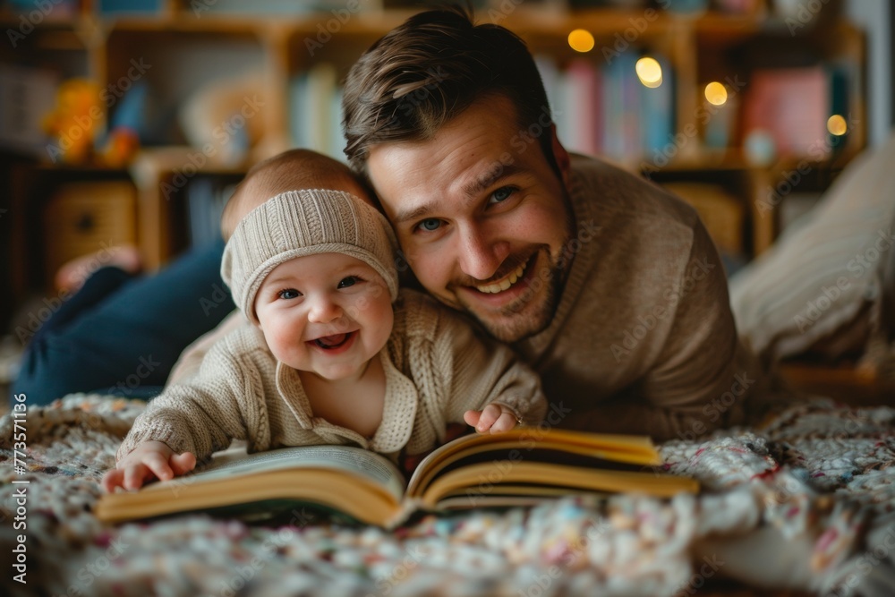 A man and a baby are laying on a bed with a book in front of them A man and a baby are laying on a bed with a book in front of them