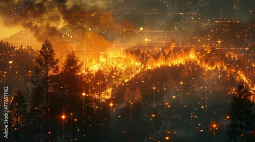 A forest is ablaze, emitting large plumes of smoke, engulfed in flames.