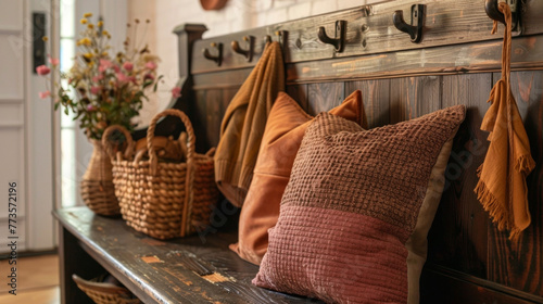 A welcoming foyer with a wooden bench and coat rack adorned with earthtoned throw pillows and a woven basket. . . photo
