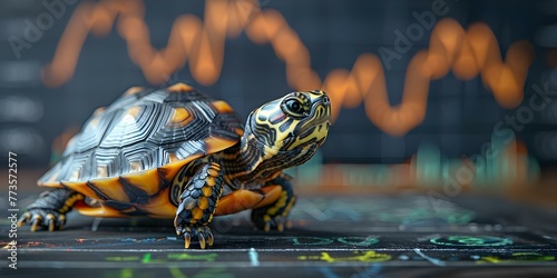 Small turtle figurine strolling on a chalkboard stock market line graph, representing steady investments. Concept Investments, Turtle Figurine, Stock Market, Chalkboard, Steady Growth © Ян Заболотний