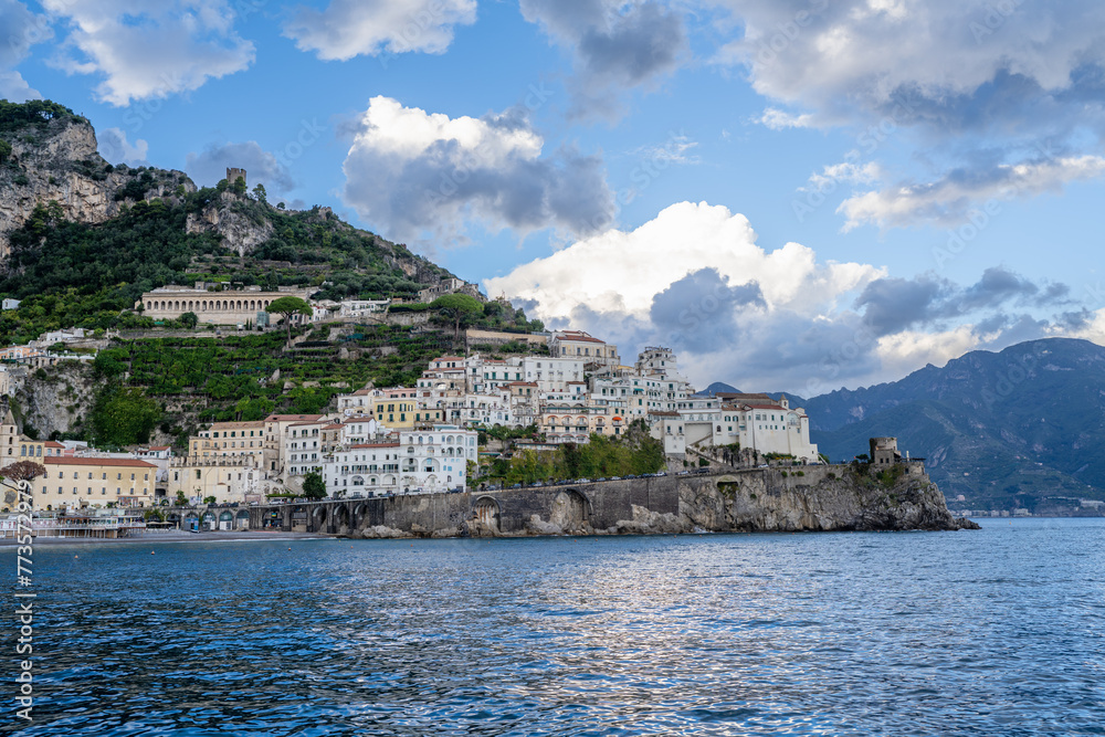Buildings in the Town of Amalfi seen from the Mediterranean Sea Along with Lemon Groves and a Monastery