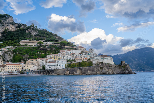 Buildings in the Town of Amalfi seen from the Mediterranean Sea Along with Lemon Groves and a Monastery