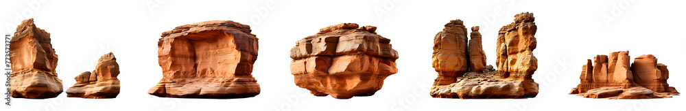 A collection of sand desert rocks and hills. Canyon like brown mountain pieces. Isolated on transparent background.