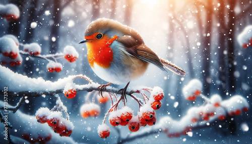 A robin perched on a snowy branch with red berries, surrounded by a winter wonderland.