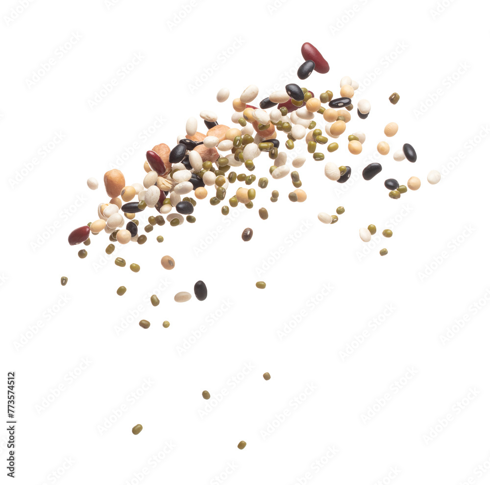 Mix beans fall down explosion, several kind bean float explode. Dried mixed white green red soy black peanut beans splash throwing in Air. White background Isolated high speed shutter, freeze Mix beans fall down explosion, several kind bean float explode. Dried mixed white green red soy black peanut beans splash throwing in Air. White background Isolated high speed shutter, freeze