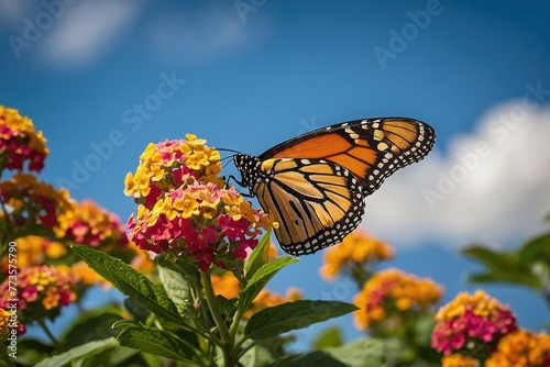 a butterfly that is sitting on a flower with blue sky in background blur  © Arman