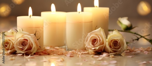 A romantic arrangement featuring candles, roses, and scattered petals beautifully displayed on a table