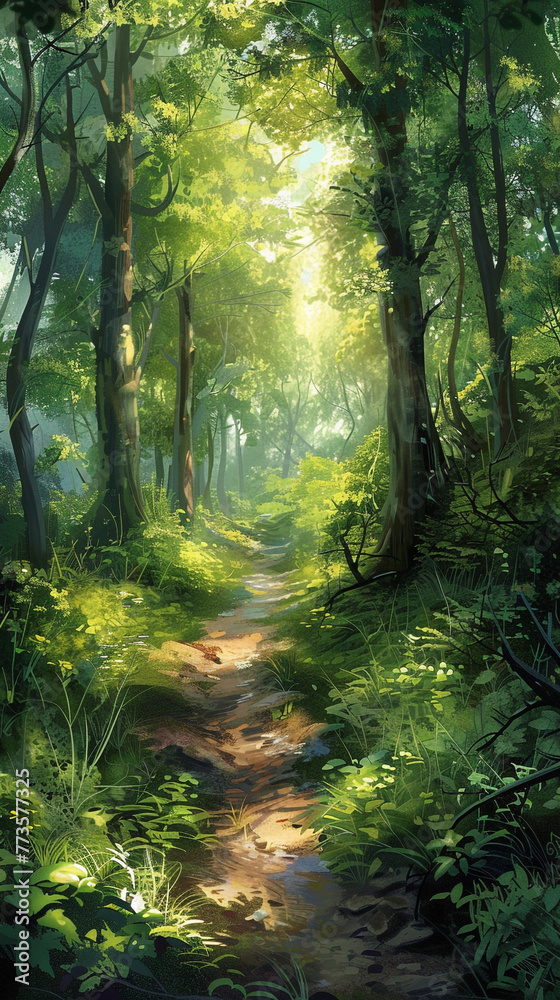 A serene and idyllic scene featuring a greenery landscape, with a meandering path leading through a sunlit forest of tall trees.