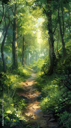 A serene and idyllic scene featuring a greenery landscape  with a meandering path leading through a sunlit forest of tall trees.
