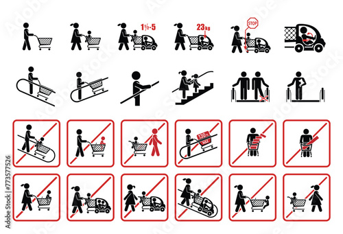 Shopping icons. Rules for using shopping carts and trolley.