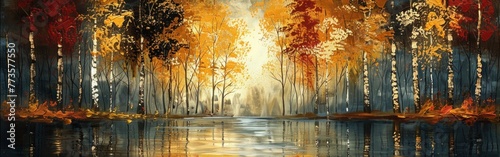 Golden Birch Forest  AI-Enhanced Acrylic Oil Painting with Water Reflection and Abstract Gold Details