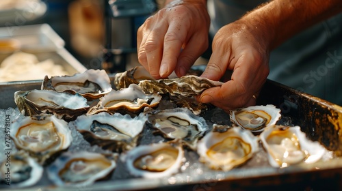 A close-up view capturing the hands of a person shucking fresh oysters at a vibrant seafood market stall.  photo