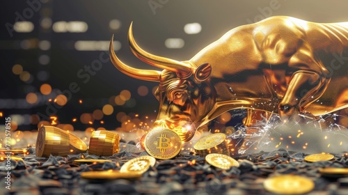 Bitcoin BTC with golden bull and coins scattered on the ground. Bullish divergence signal of crypto currency market, 100000 US Dollar target, 100k Goal photo