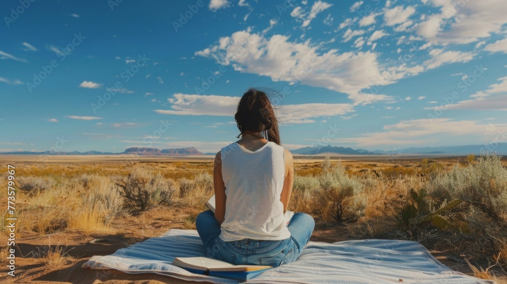A woman sitting on a blanket facing away from the camera as writes in a journal surrounded by the peaceful stillness of the desert . .