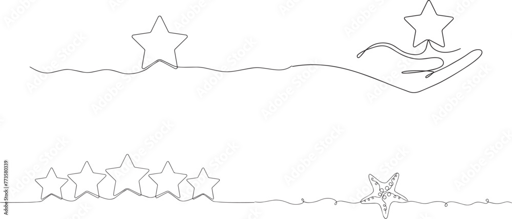 One continuous line drawing of Christmas frame and border with stars. Festive break line with flourish pattern in simple linear style. Doodle outline vector illustration