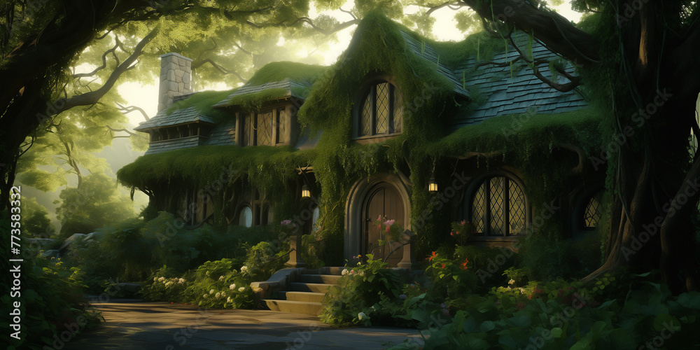 An idyllic residence adorned with cascading vines and flourishing foliage, set against a serene green environment.